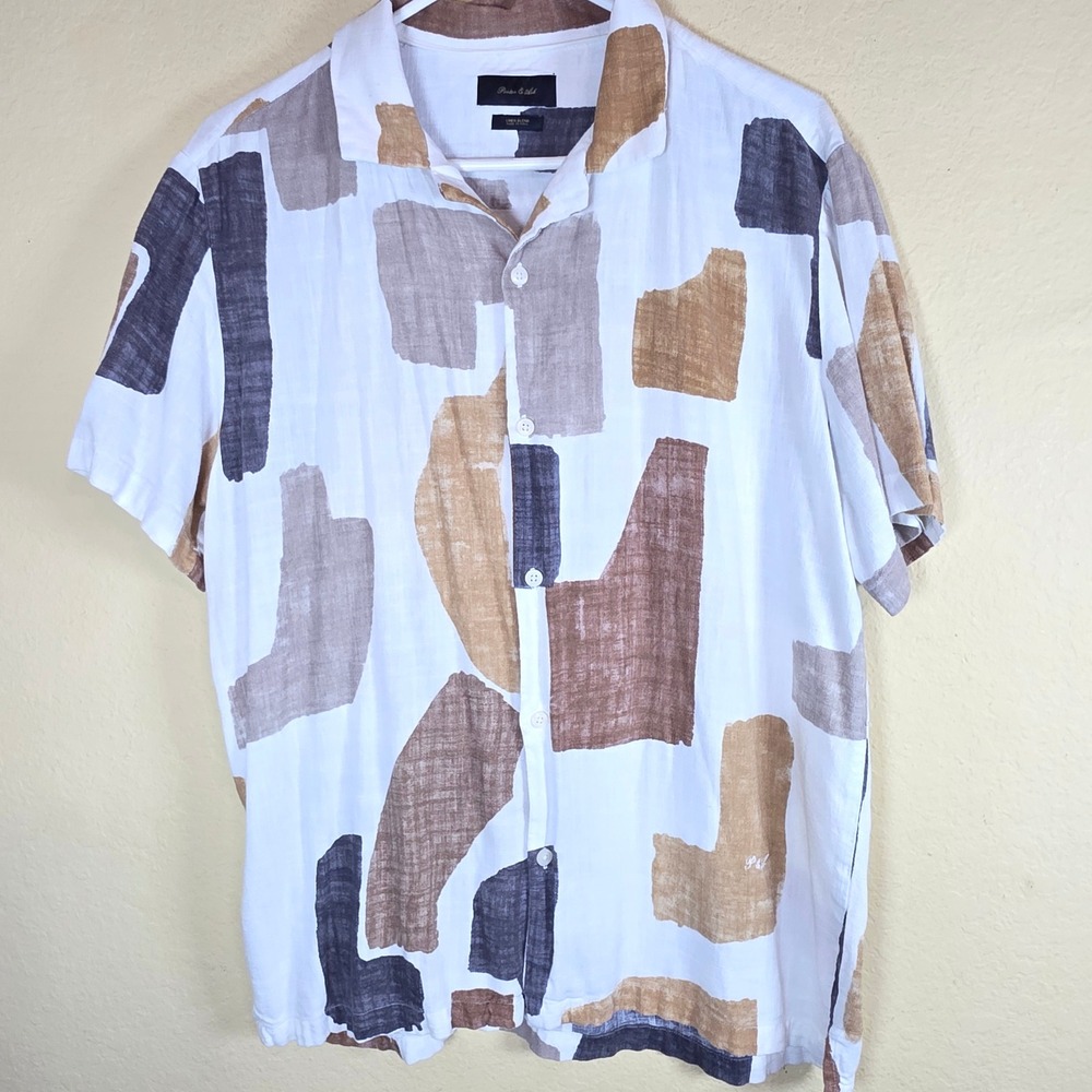 Porter & Ash Mens Large White Abstract Block Print Linen Blend Camp Shirt